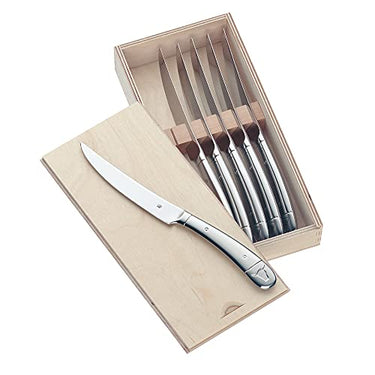WMF Steakmesser Set 6-teilig, Pizzamesser, Cromargan Edelstahl poliert, Wellenschliff, spülmaschinengeeignet, in Holzbox im Sale